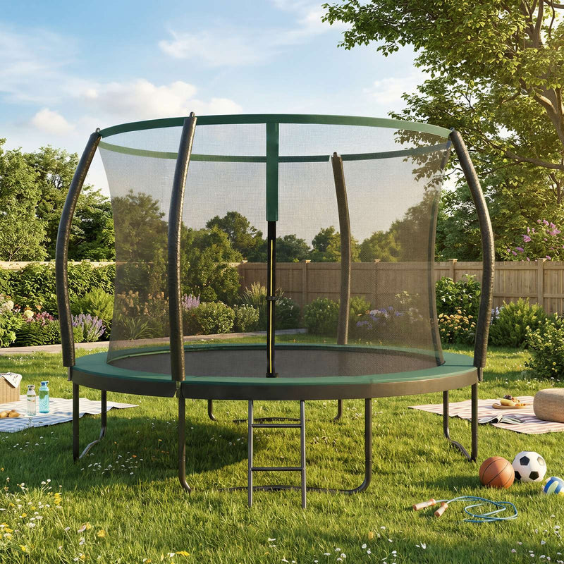 305 cm trampoline on a lawn with picnic blankets, balls and a skipping rope nearby