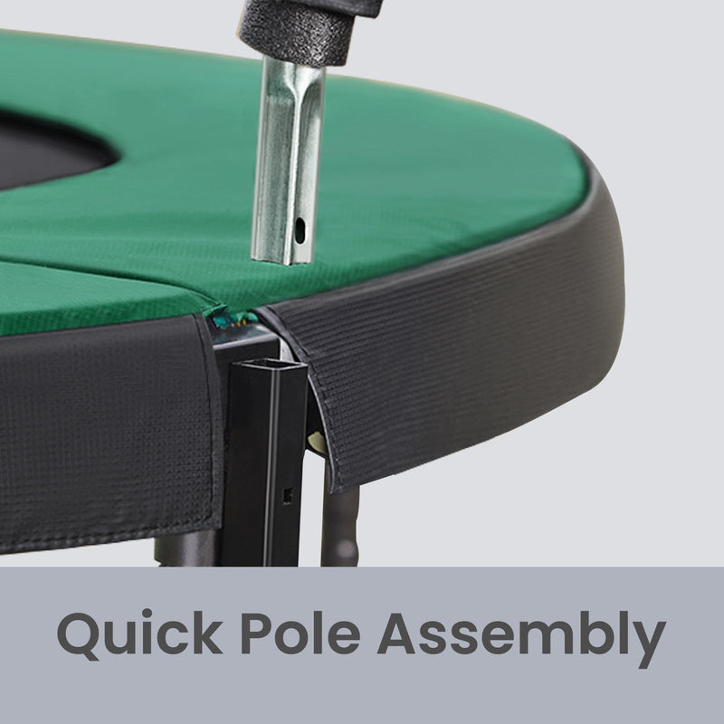 Close-up of a net pole slotting into the green padded frame during assembly