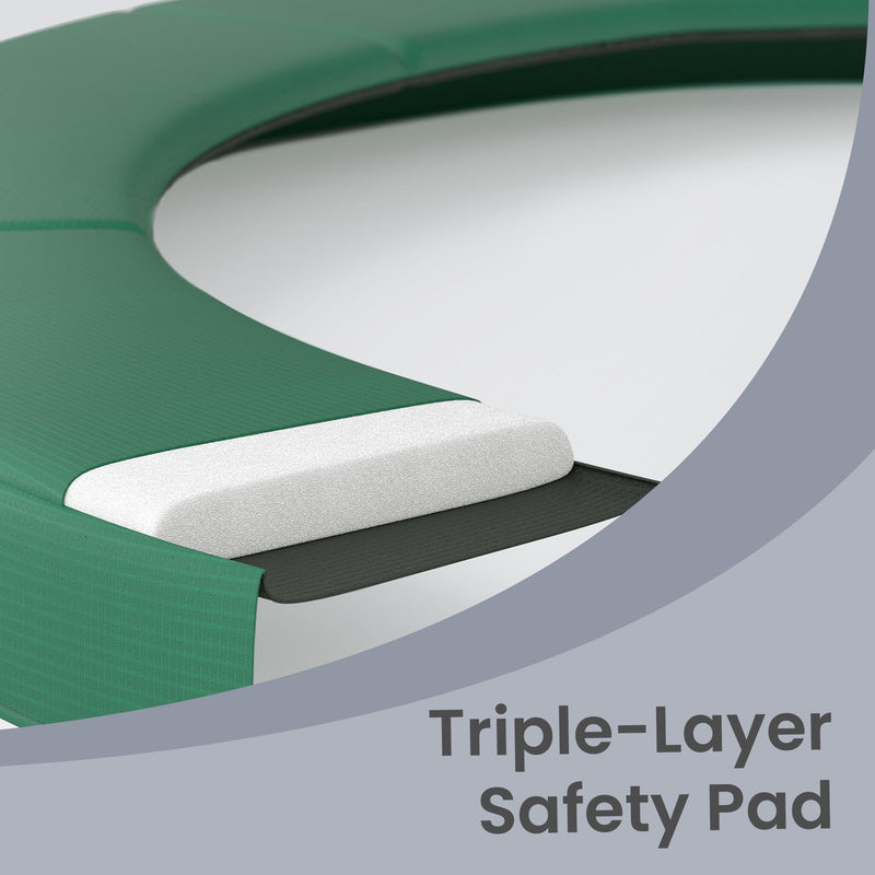 Cutaway close-up of the triple-layer safety pad showing foam beneath the green outer cover