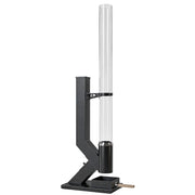 Black wood pellet patio heater with a clear glass tube on a white background