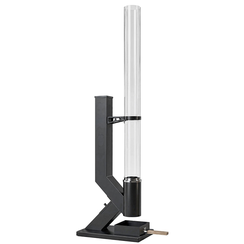 Black wood pellet patio heater with a clear glass tube on a white background