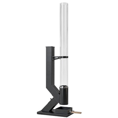 Black wood pellet patio heater with a clear glass tube on a white background
