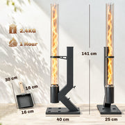 Dimensions diagram showing the pellet heater at 141 cm tall with a 40 cm base, 25 cm depth and ash pan size