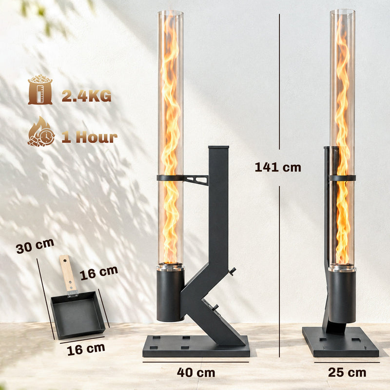 Dimensions diagram showing the pellet heater at 141 cm tall with a 40 cm base, 25 cm depth and ash pan size