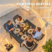 Overhead view of friends at an outdoor dining table warmed by the pellet heater, showing 3 m radius
