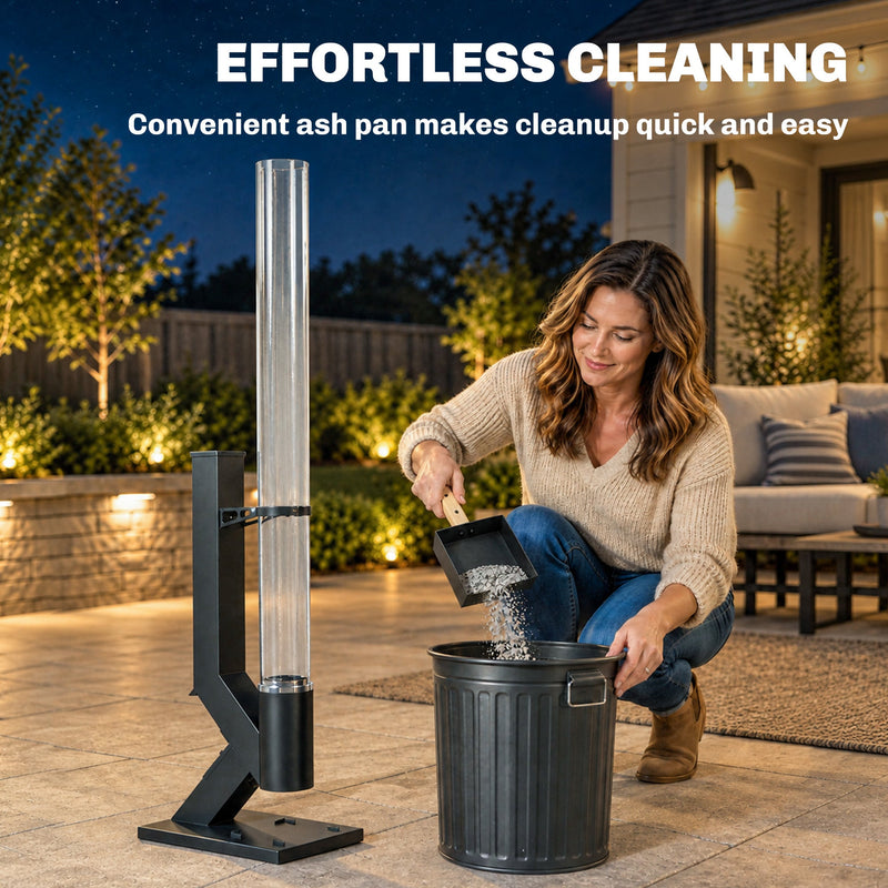 Woman emptying the ash pan from the pellet heater into a metal bin