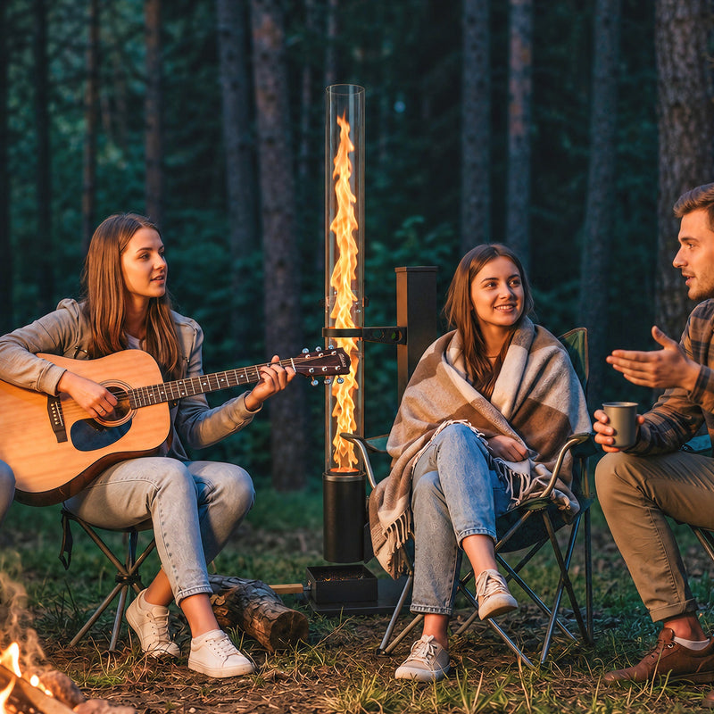 Friends sitting around the pellet heater with a guitar on a garden evening