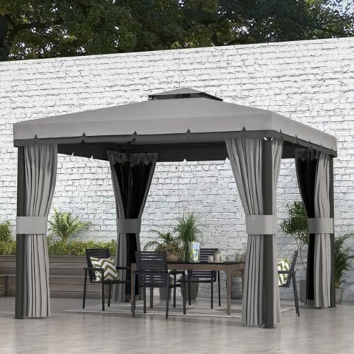 Image of an Outsunny 3m x 3m Garden Gazebo With Curtains, 2-Tier Roof, Grey