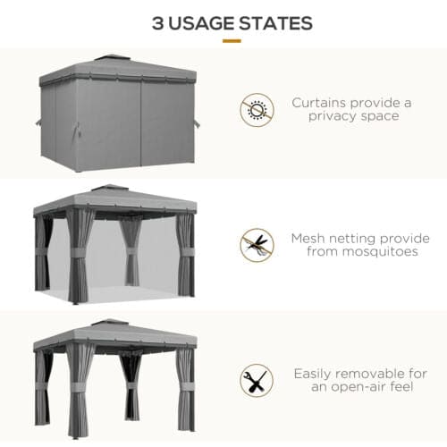 Image of an Outsunny 3m x 3m Garden Gazebo With Curtains, 2-Tier Roof, Grey