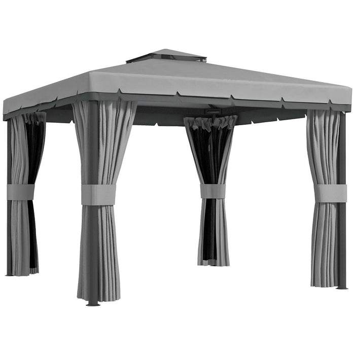 Image of an Outsunny 3m x 3m Garden Gazebo With Curtains, 2-Tier Roof, Grey