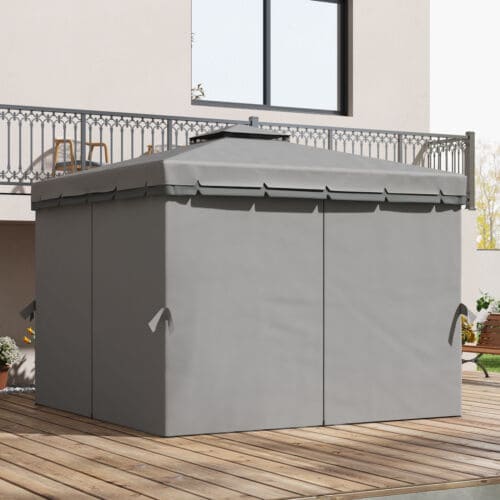 Image of an Outsunny 3m x 3m Garden Gazebo With Curtains, 2-Tier Roof, Grey