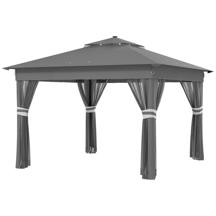 Image of an Outsunny 3x3m Pop Up Garden Gazebo With LED Lights, Nets, 2-Tier Roof, Grey 