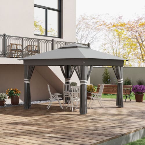 Image of an Outsunny 3x3m Pop Up Gazebo on a deck With LED Lights, Nets, 2-Tier Roof, Grey 