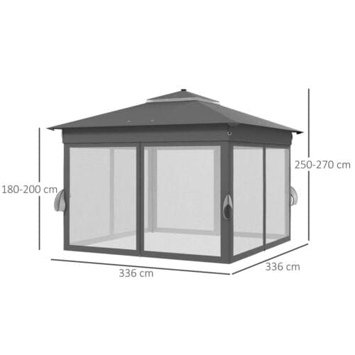 Image of an Outsunny 3x3m Pop Up Garden Gazebo With LED Lights, Nets, 2-Tier Roof, Grey 