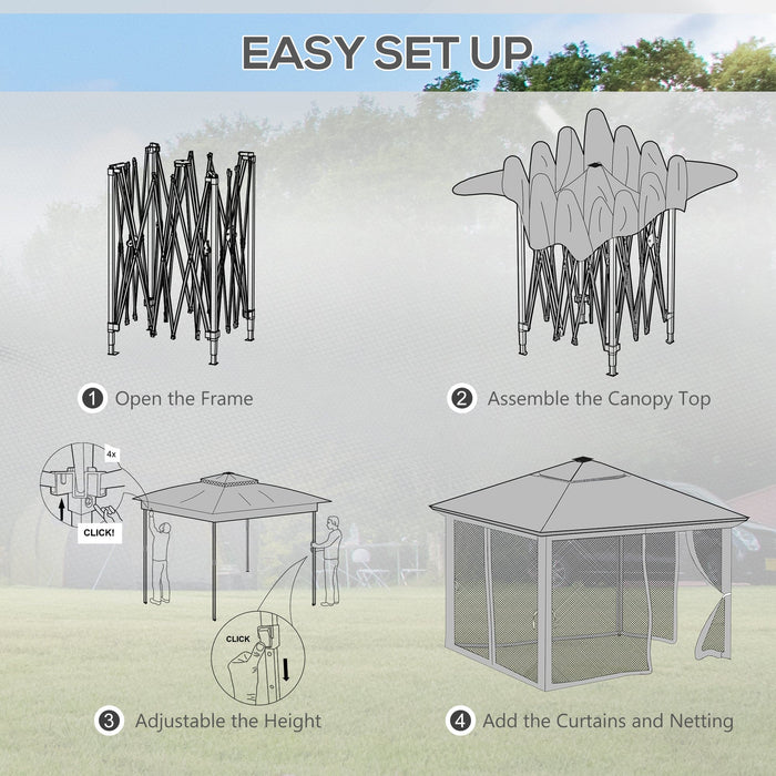 Image of an Outsunny 3x3m Pop Up Garden Gazebo With LED Lights, Nets, 2-Tier Roof, Grey 