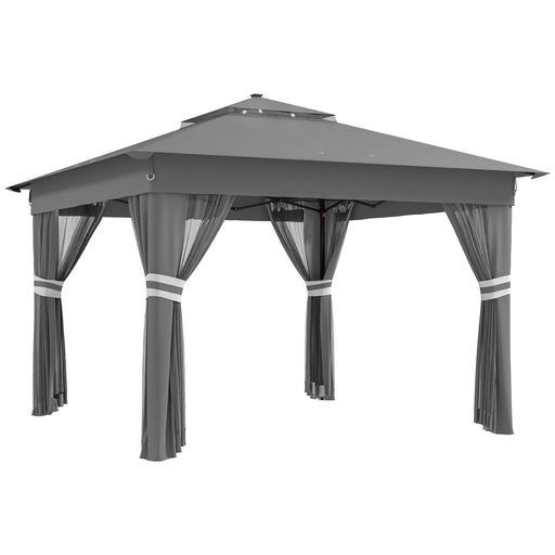 Image of an Outsunny 3x3m Pop Up Garden Gazebo With LED Lights, Nets, 2-Tier Roof, Grey 