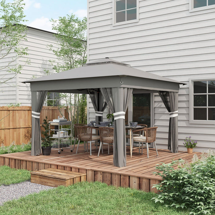 Image of an Outsunny 3x3m Pop Up Garden Gazebo on a deck With LED Lights, Nets, 2-Tier Roof, Grey 