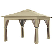 image of an Outsunny 3x3m Pop Up Gazebo on a deck With LED Lights, Nets, 2-Tier Roof, Khaki