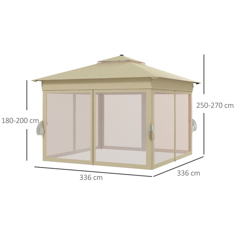 image of an Outsunny 3x3m Pop Up Gazebo With LED Lights, Nets, 2-Tier Roof, Khaki