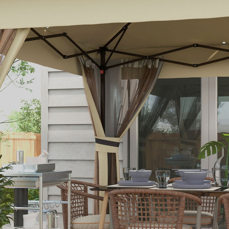 image of an Outsunny 3x3m Pop Up Gazebo on a deck With LED Lights, Nets, 2-Tier Roof, Khaki