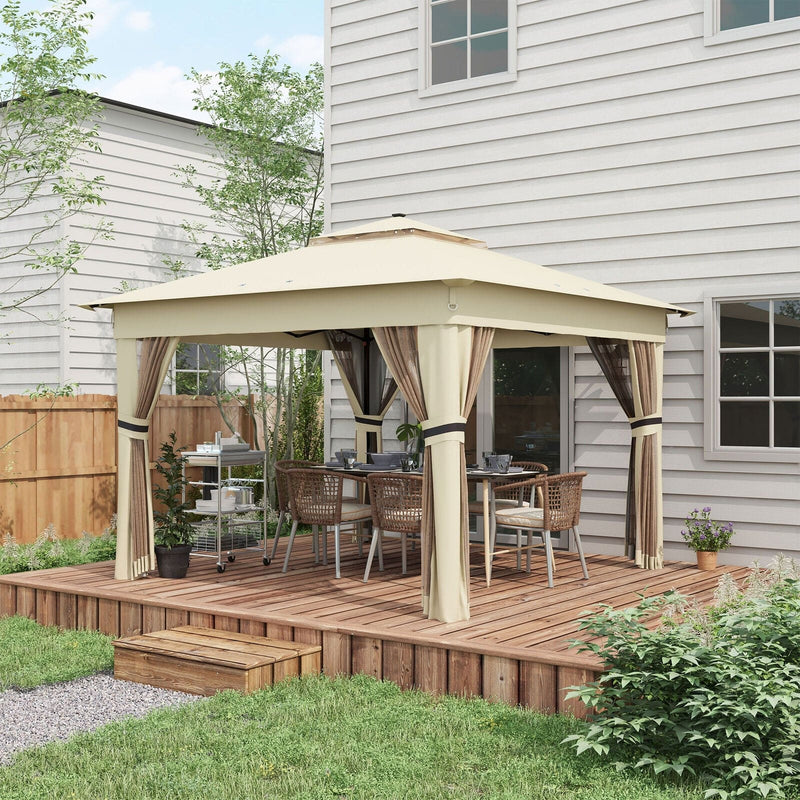 image of an Outsunny 3x3m Pop Up Gazebo on a deck With LED Lights, Nets, 2-Tier Roof, Khaki