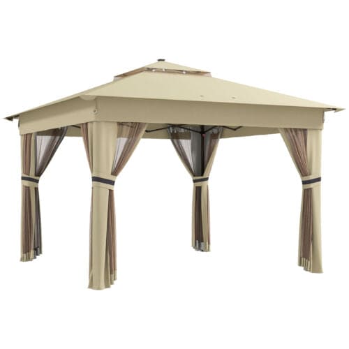 Image of an Outsunny 3x3m Pop Up Garden Gazebo With LED Lights, Nets, 2-Tier Roof, Khaki