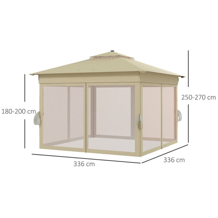 image of an Outsunny 3x3m Pop Up Gazebo With LED Lights, Nets, 2-Tier Roof, Khaki