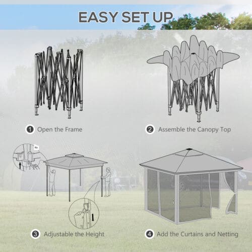 image of an Outsunny 3x3m Pop Up Gazebo on a deck With LED Lights, Nets, 2-Tier Roof, Khaki