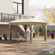 image of an Outsunny 3x3m Pop Up Gazebo on a deck With LED Lights, Nets, 2-Tier Roof, Khaki