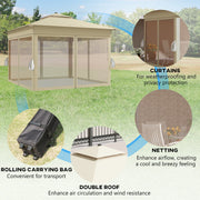 image of an Outsunny 3x3m Pop Up Gazebo on a deck With LED Lights, Nets, 2-Tier Roof, Khaki