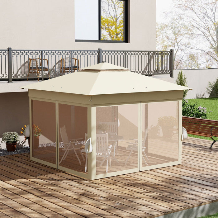 image of an Outsunny 3x3m Pop Up Gazebo on a deck With LED Lights, Nets, 2-Tier Roof, Khaki