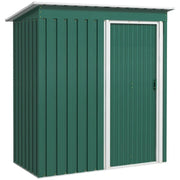 Green 5x3ft Outsunny metal garden shed with the sliding door closed, seen from the front left
