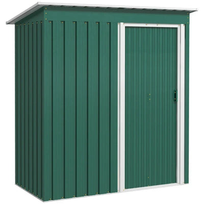 Green 5x3ft Outsunny metal garden shed with the sliding door closed, seen from the front left