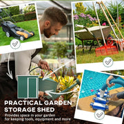 Photo collage showing mowing, watering and garden tools that the shed is made to hold
