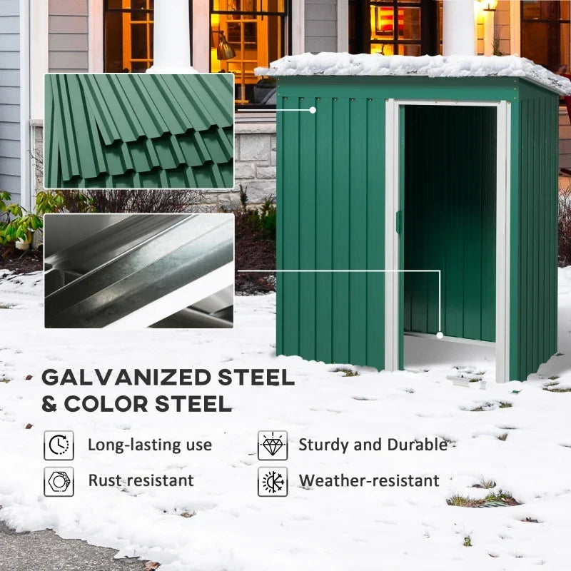 Galvanized steel feature panel with the shed standing under snow, listing rust resistance