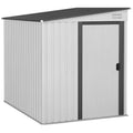 White 5x7ft Outsunny lean-to metal garden shed with the sliding doors closed, front three-quarter view