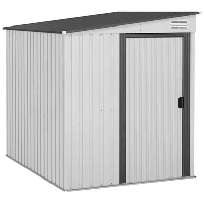White 5x7ft Outsunny lean-to metal garden shed with the sliding doors closed, front three-quarter view