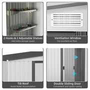 Four feature panels covering hooks and shelves, ventilation, the tilt roof and double sliding doors