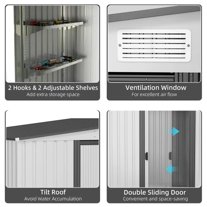 Four feature panels covering hooks and shelves, ventilation, the tilt roof and double sliding doors