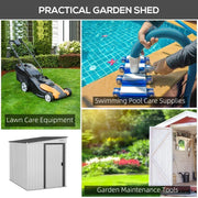 Use-case panel showing the shed storing lawn care equipment, pool supplies and garden tools