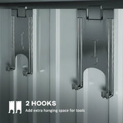 Close-up of the sliding door track and handles on the front of the shed