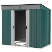 Green metal garden shed with both sliding doors open showing the empty interior
