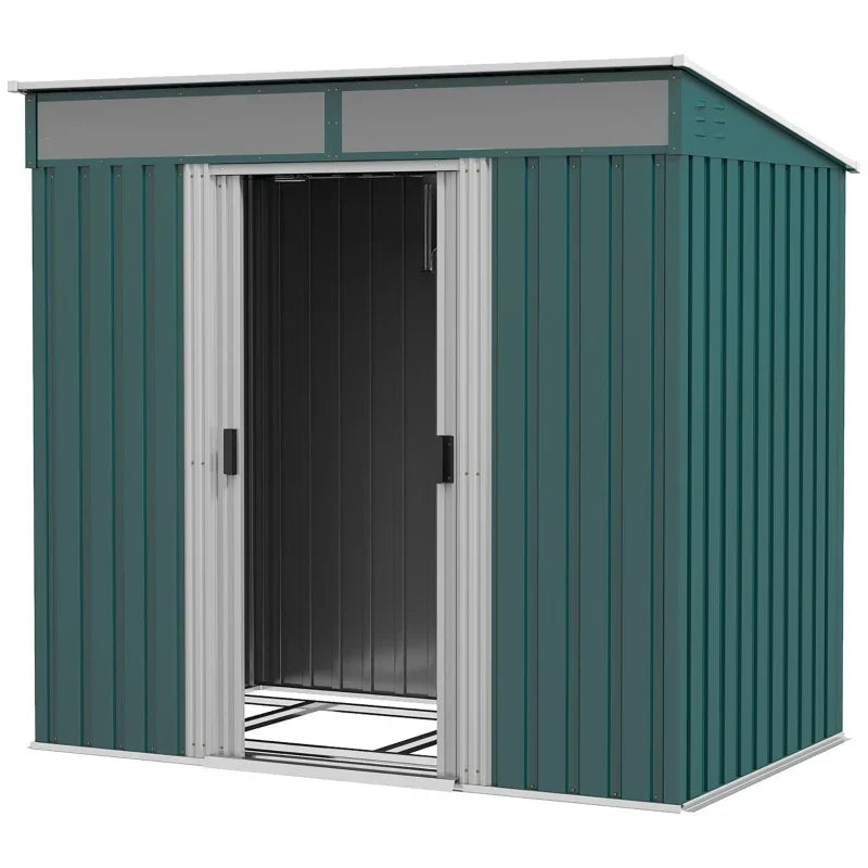 Green metal garden shed with both sliding doors open showing the empty interior