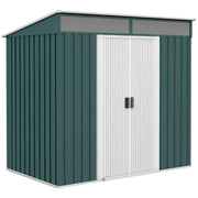 Green 6x4ft Outsunny metal garden shed with white sliding doors and a pent roof