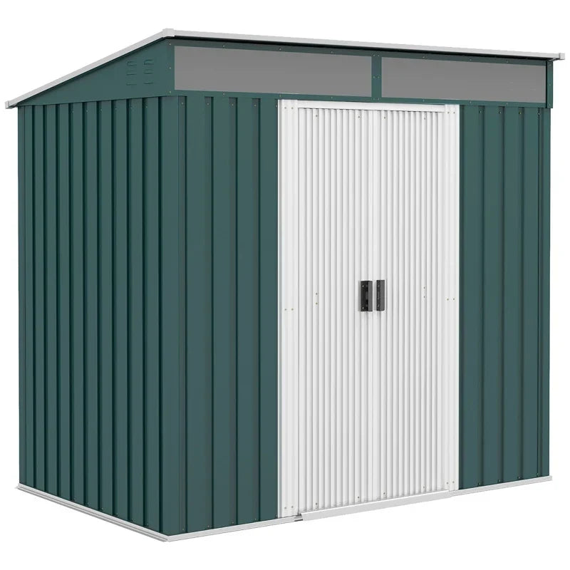 Green 6x4ft Outsunny metal garden shed with white sliding doors and a pent roof