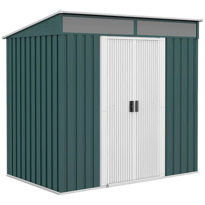 Green 6x4ft Outsunny metal garden shed with white sliding doors and a pent roof