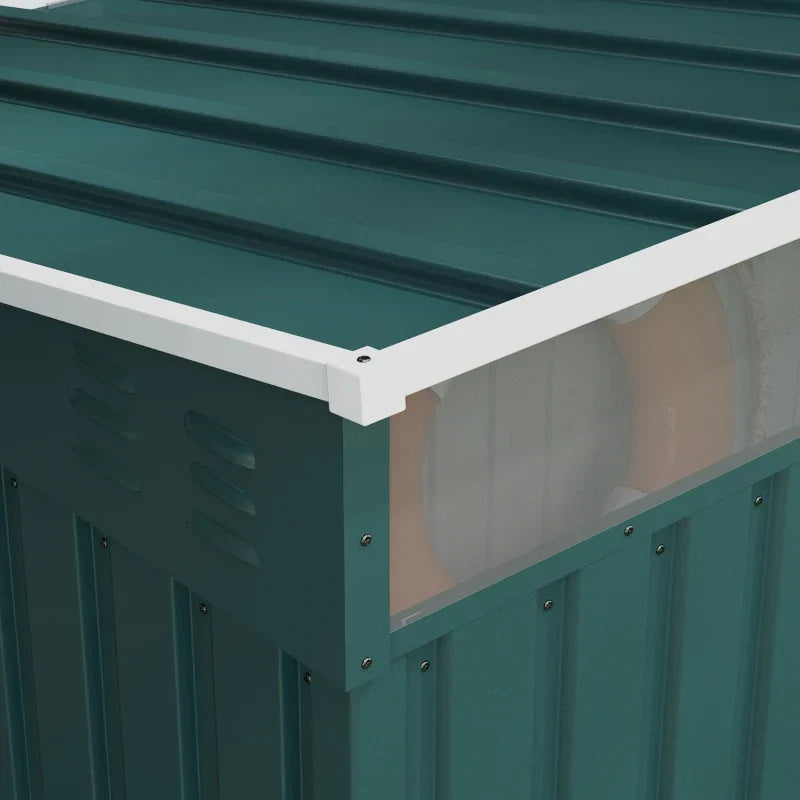 Close-up of the ribbed green galvanised steel roof panels