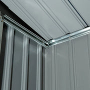Close-up of the underside of the shed roof panels and the ridge beam