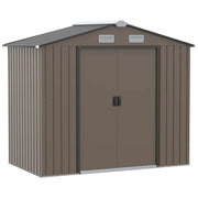 Studio front view of the closed brown metal shed showing the two gable vents