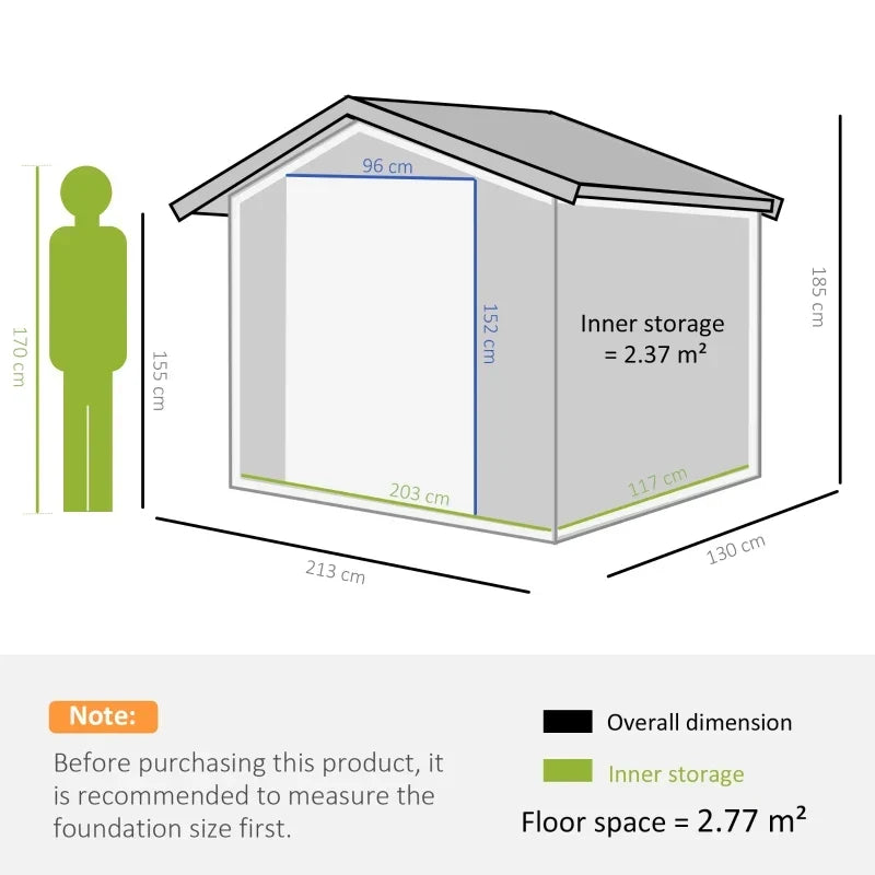 Dimension diagram showing 213 x 130 cm, a 185 cm ridge and 155 cm wall height